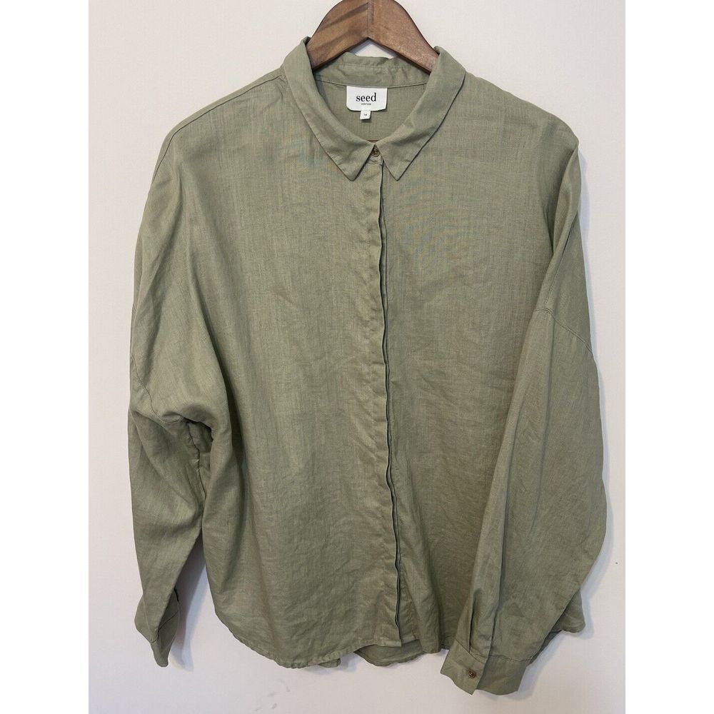 Seed Heritage Linen Boyfriend Shirt Sage Green Size 14 Classic Australian Design